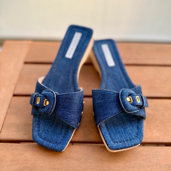 Veronica Beard Shoes - Veronica Beard Denim Buckle Slide Mules in Blue